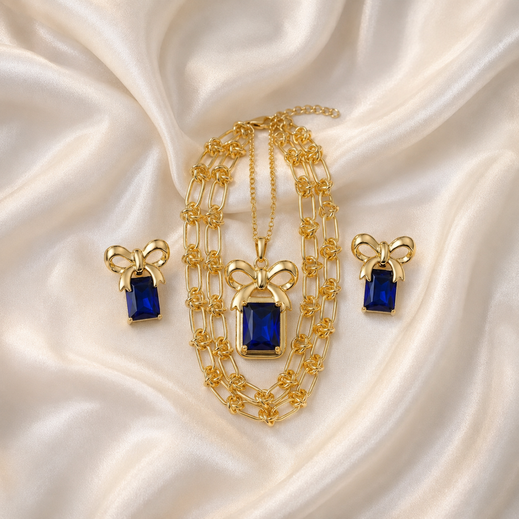 SET: COLLAR Y ARETES AZUL ZAFIRO DORADO