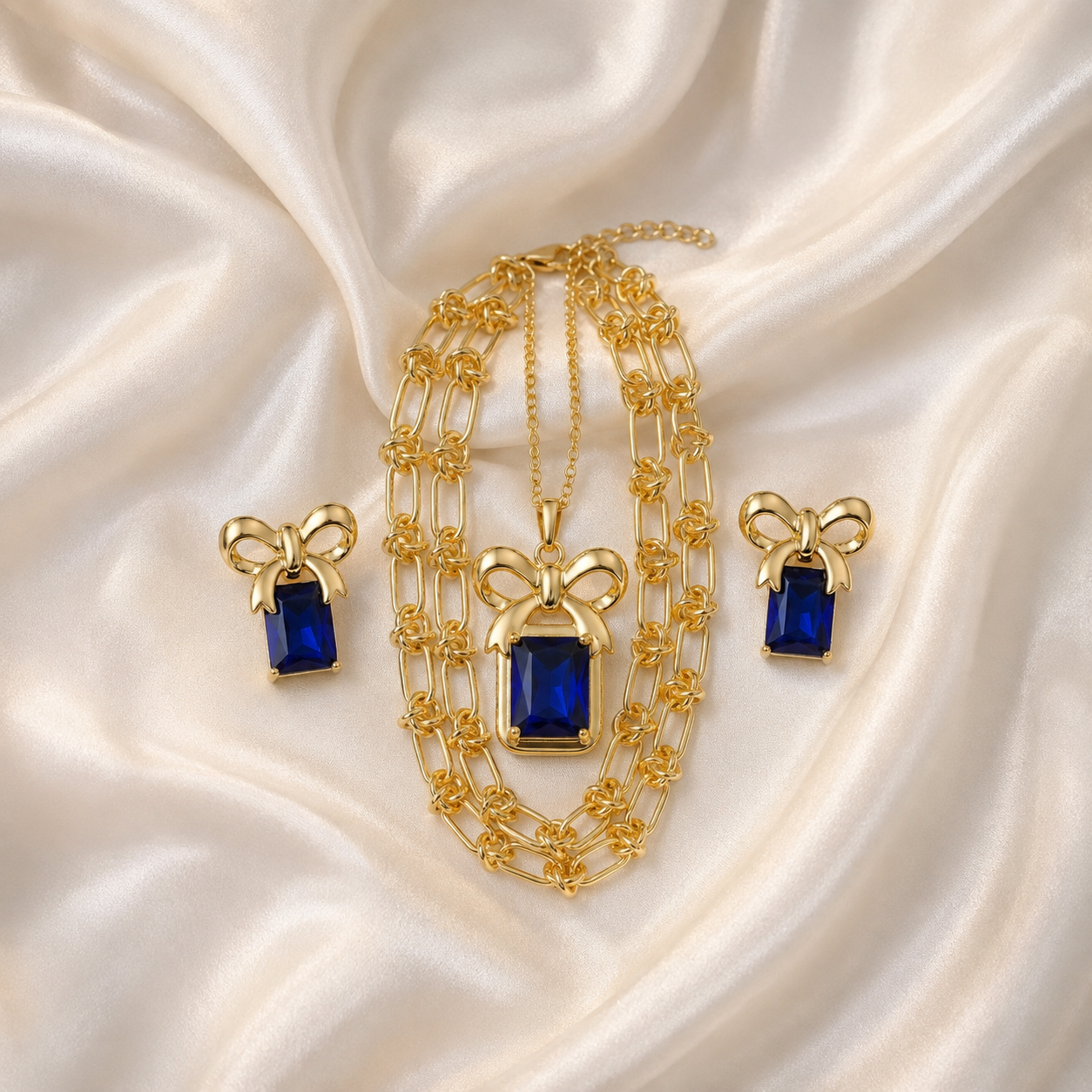 SET: COLLAR Y ARETES AZUL ZAFIRO DORADO